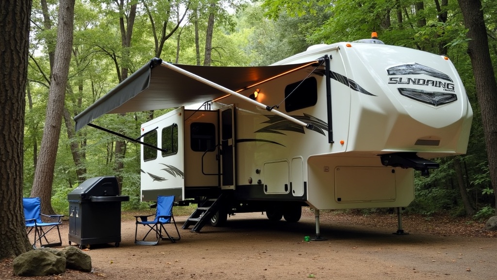 RV at golden hour sunset in beautiful nature setting
