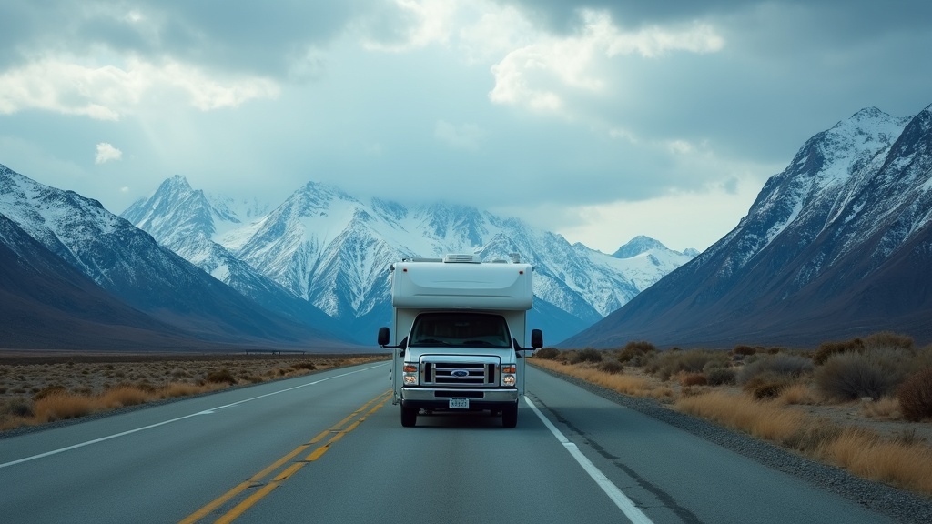 An RV rolling along a highway with snow-capped mountains nearby