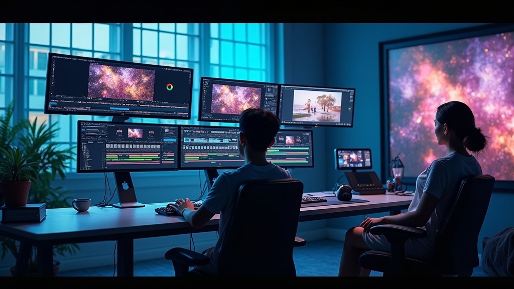 AI-powered video editing interface with technological elements, futuristic vibe