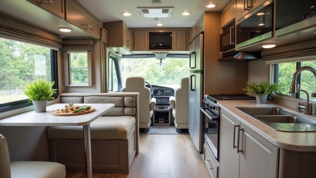Spacious kitchen and workspace inside a luxury RV.
