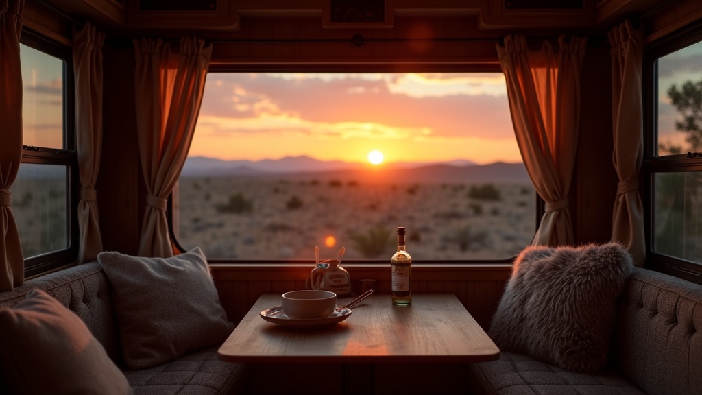 cozy RV interior at sunset looking out over wild western landscape