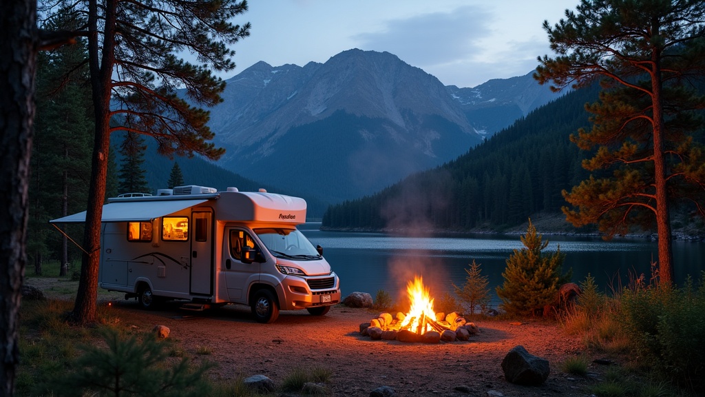 Happy RV with a campfire and a view of nature