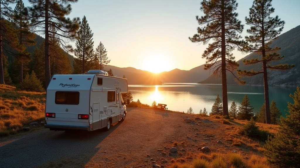 RV boondocking by a scenic lake with mountains