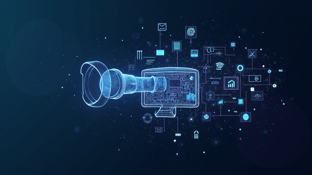 Abstract AI camera and digital interface showing personalized video icons and analytics