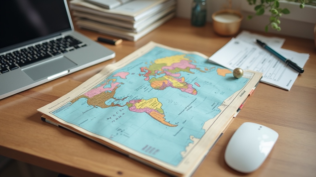 A cozy modern desk, a map with pins, and mail neatly organized for easy travel planning