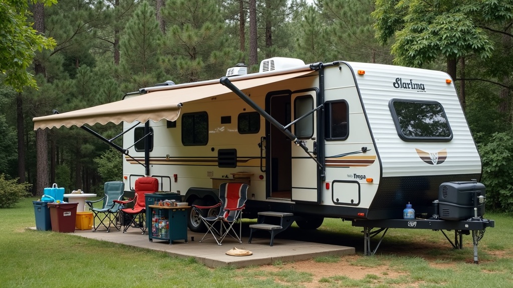 Beautiful sunrise scene reflecting off a window of an RV parked in nature