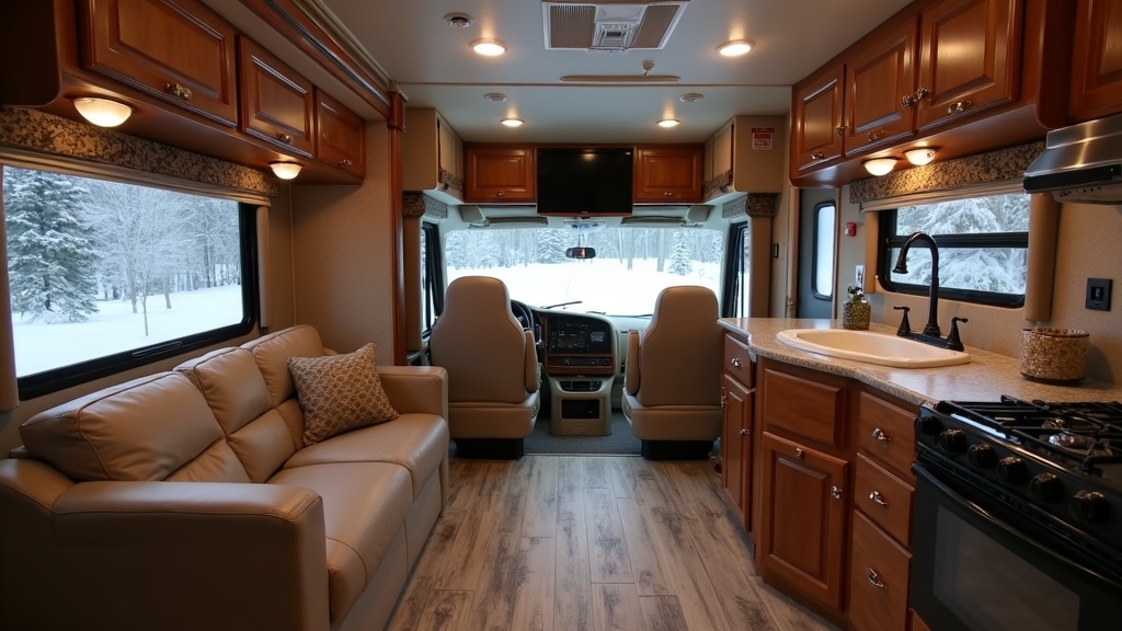 Luxury RV interior during winter, warm lighting, comfortable furnishings, and view of snow outside
