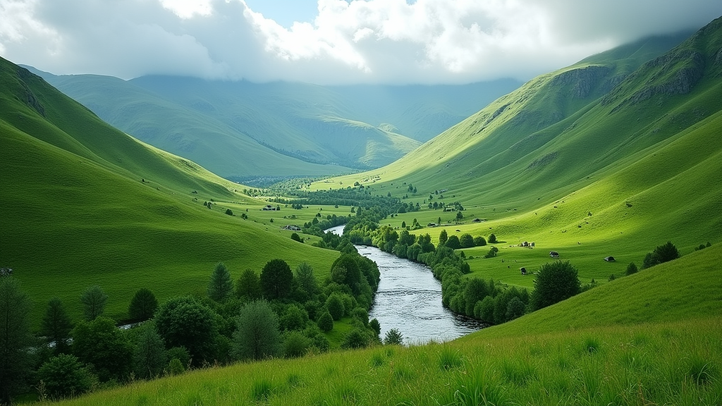Lush green valley with winding river and distant mountains