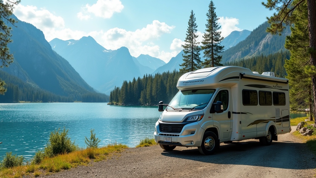 Modern RV parked at a picturesque lakeside campground surrounded by trees.