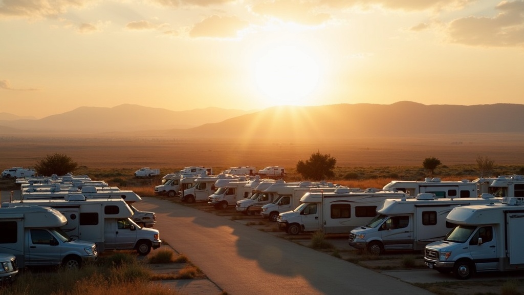 A serene RV park at sunrise, filled with a variety of modern RVs in a tidy row, with distant mountains and open fields.
