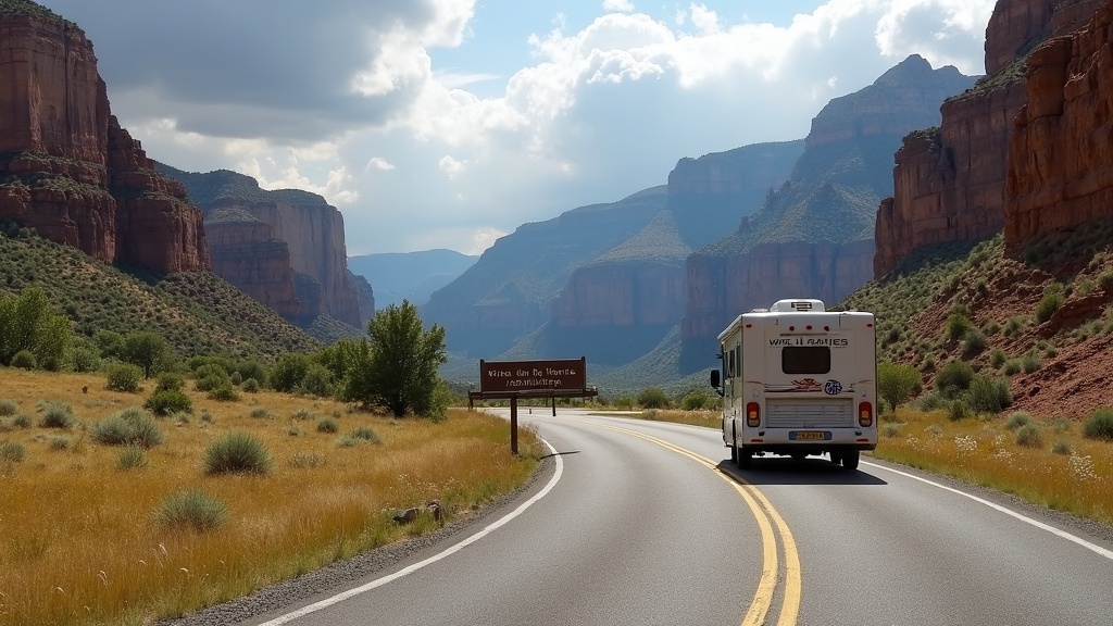 National park entrance with an RV driving past scenic cliffs and meadows