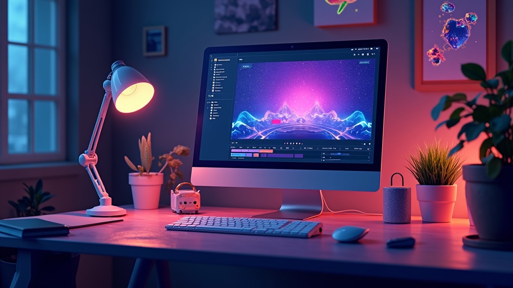 Creative animated scene showing AI-enhanced video production with vibrant icons
