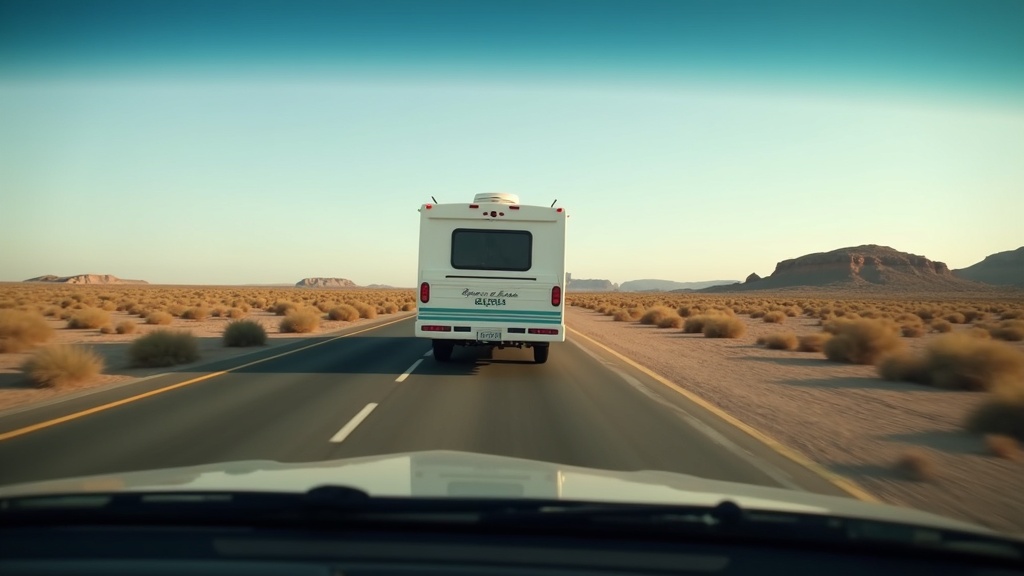 A panoramic shot of RVs scattered across a wide open desert camping area