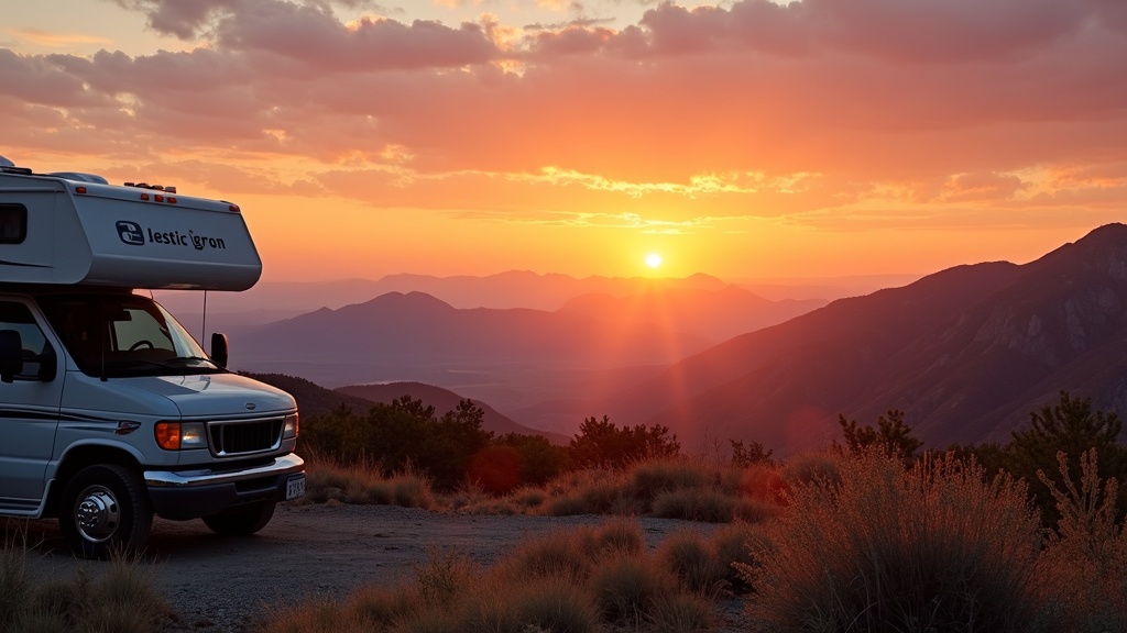 A scenic RV campsite with a sunrise and distant mountains