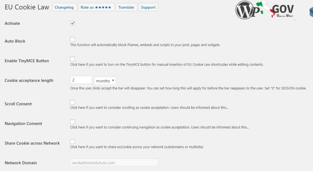 EU cookie law plugin for the GDPR settings