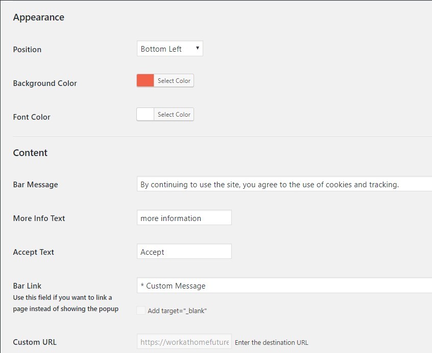 EU cookie law plugin for the GDPR settings