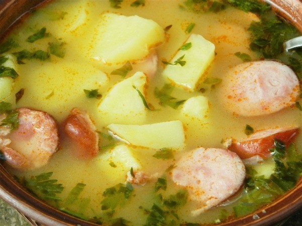 Smoked Sausage Potato Soup-Served in Bowl with Spoon