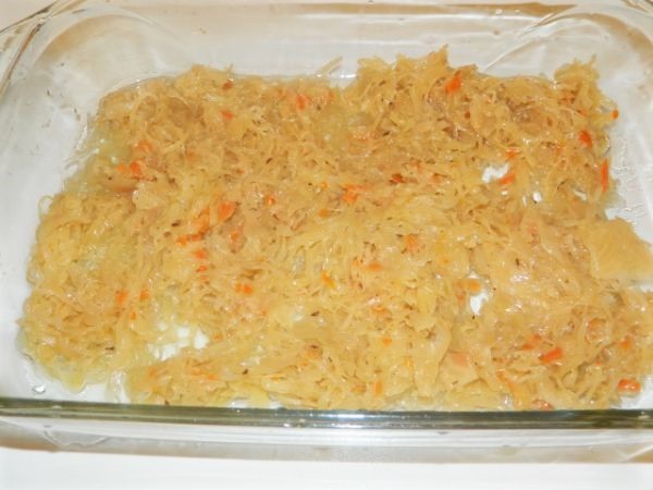 Cabbage Casserole Recipe-First Layer of Cabbage in the Baking Dish