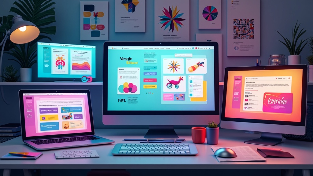 Colorful modern AI logo designer workspace, with digital screens displaying simple logo variations and color palettes, surrounded by design tools and vibrant brand samples.