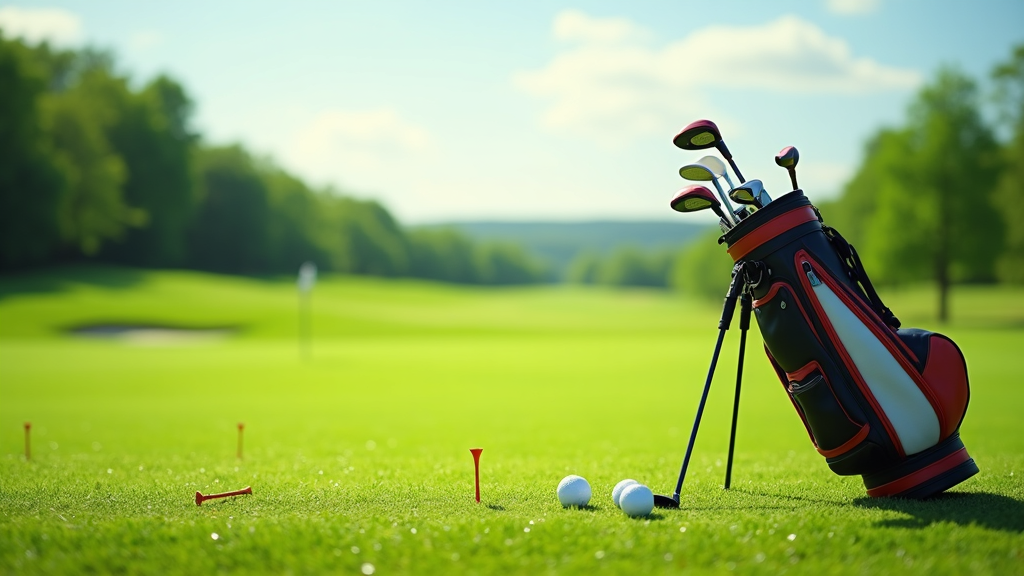 Assorted golf clubs arranged on a grassy tee box, with golf balls nearby