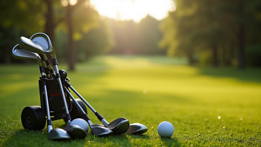 Advanced golf equipment with lightweight clubs and high-tech golf balls on a modern golf course surrounded by trees and sunlight.