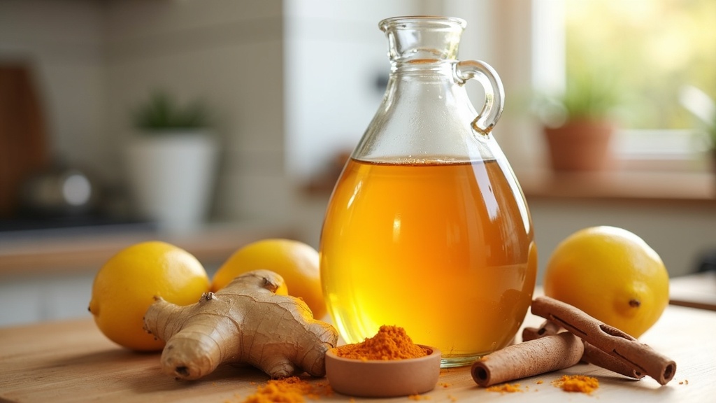 A clear glass bottle with apple cider vinegar, surrounded by ginger, turmeric, cinnamon sticks, lemons, and honey on a wooden kitchen counter with natural light.