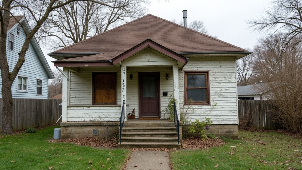 Exterior of a neglected single-family home with overgrown grass and peeling paint, symbolizing a distressed property with investment potential.