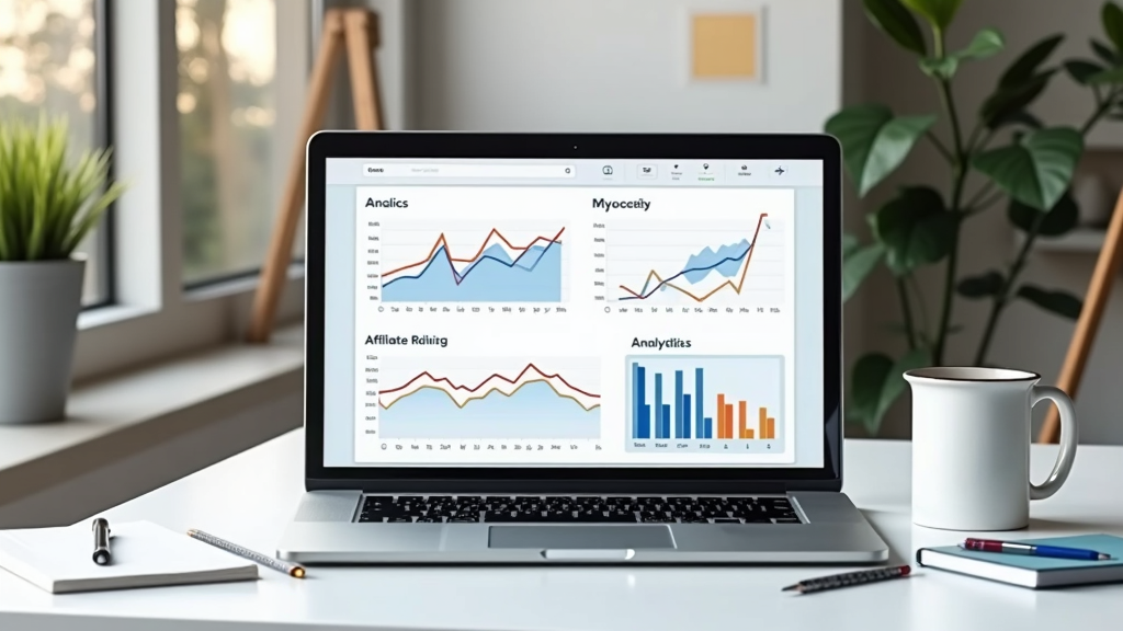 A workspace with a laptop displaying affiliate dashboard analytics, notepad, and coffee