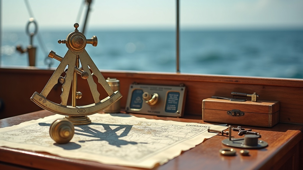 A detailed sextant, nautical charts, and a horizon line at sea