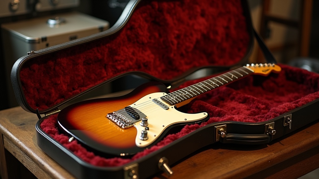 Fender F-35 guitar resting safely in its hardshell case