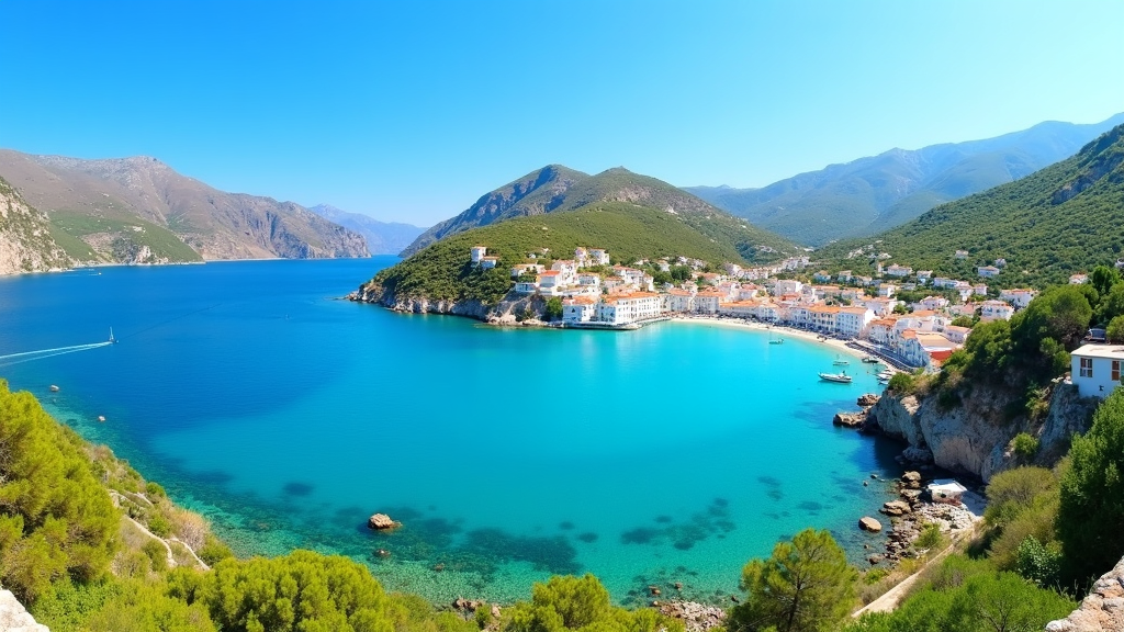 Aerial view of the Most Beautiful Ithaca, Greece, with turquoise waters, sandy beach, and whitewashed houses by the sea.