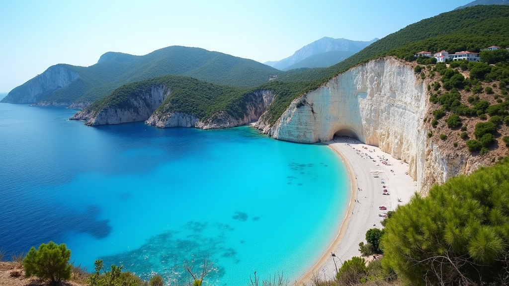 Beautiful Lefkada Greece – Porto Katsiki Beach with turquoise water, white cliffs, and sandy shoreline.