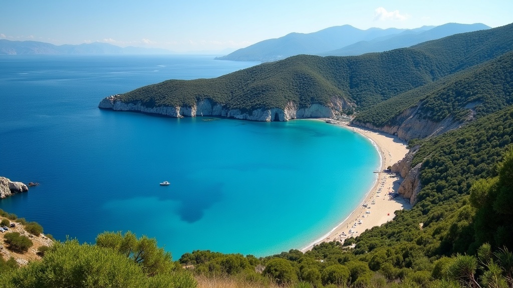Stunning beach with turquoise waters and green hills in the Beautiful Peloponnese Greece region.