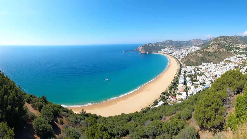 An aerial view of a Mediterranean beach on Costa del Sol, Spain, with clear turquoise water, pale sandy beaches, and whitewashed buildings on the shore. The Best of Costa Del Sol (Andaluia Spain