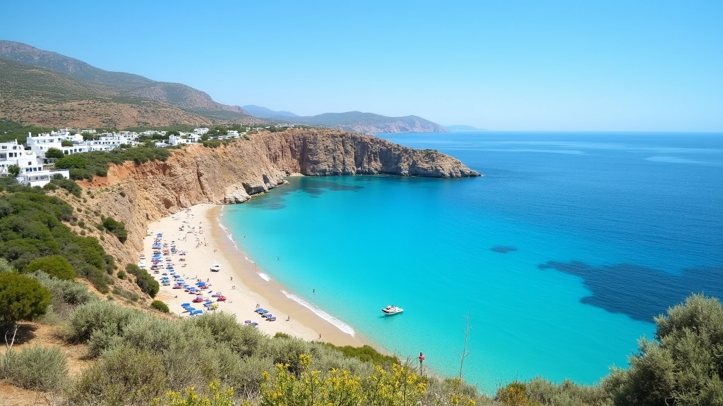 Aerial view of the Most Beautiful Kythira Greece with turquoise waters, sandy beaches, and whitewashed houses by the sea.