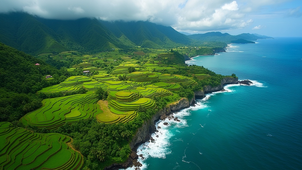 Island of Bali, Aerial photo of Bali with lush rice terraces and blue coastline