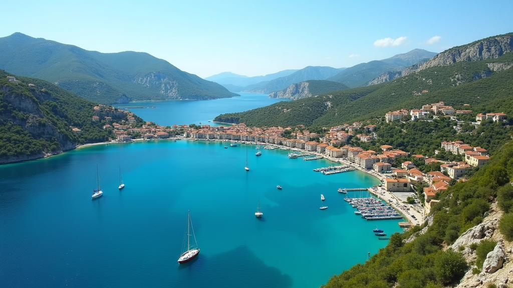 Beautiful Ionian Islands with turquoise waters, sailing boats, and a charming Greek seaside town surrounded by mountains.