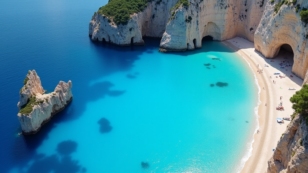 Turquoise waters, limestone cliffs, and white sand at Navagio Beach in Beautiful Zakynthos Greece.