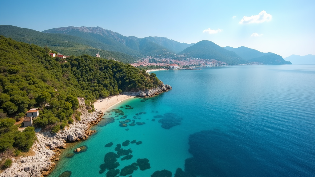 Beautiful Corfu Greece coastline with turquoise waters, sandy beach, and lush green hills