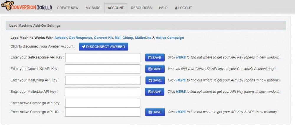 The Lead Machine Settings on the Conversion Gorilla Account Tab The Lead Machine Settings on the Conversion Gorilla Account Tab