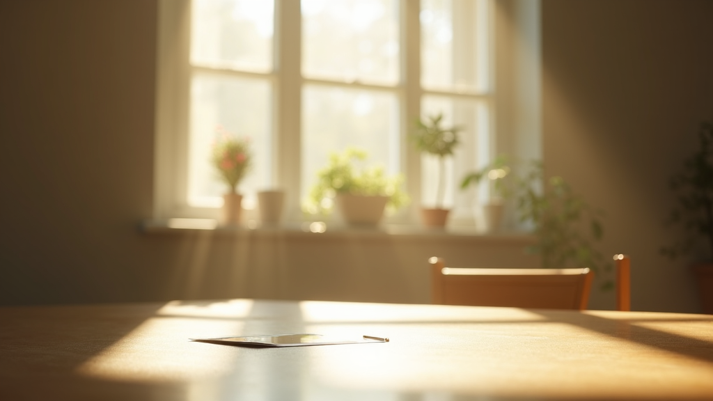 A tranquil everyday scene capturing stillness and focus, like sunlight streaming through a window onto a calm tabletop with a simple object and soft natural light.