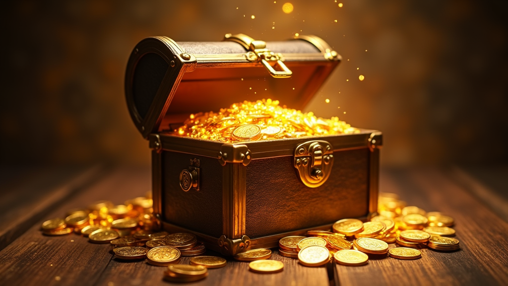 A treasure chest spilling over with gold coins, glowing, magical light