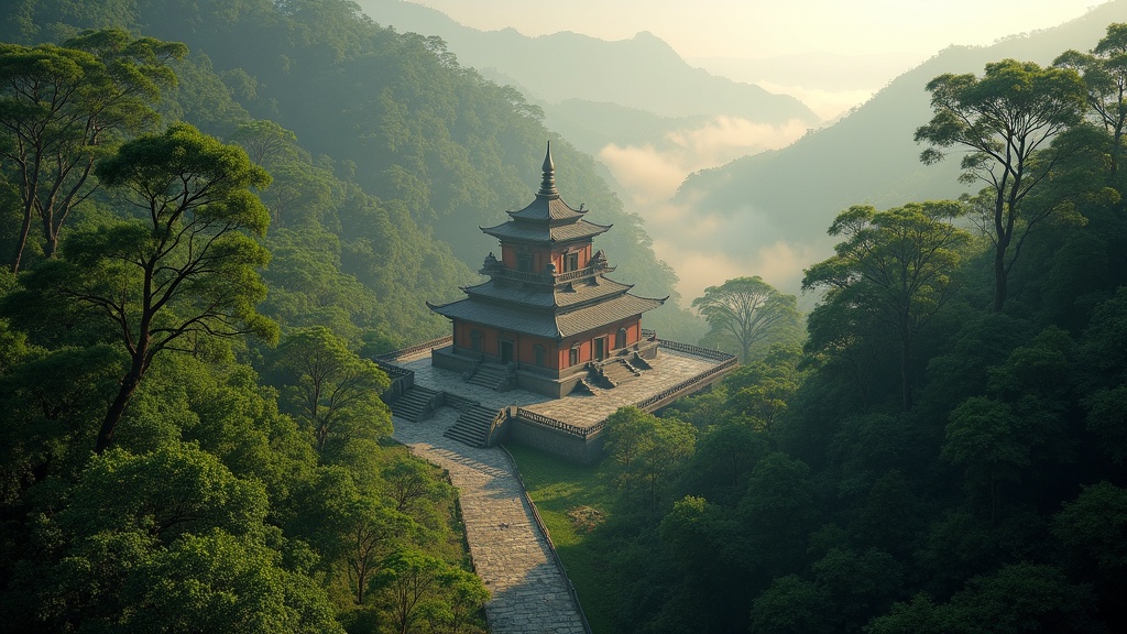 Ancient Buddhist monastery surrounded by dense forest with early morning mist, sunlight filtering through lush trees, and stone meditation paths winding through the landscape. Width: 698px; Height: 281.5px