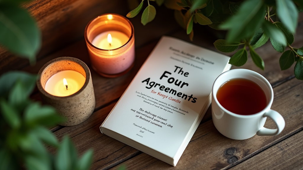 Book cover of The Four Agreements resting on a wooden table with plants and a mug nearby.