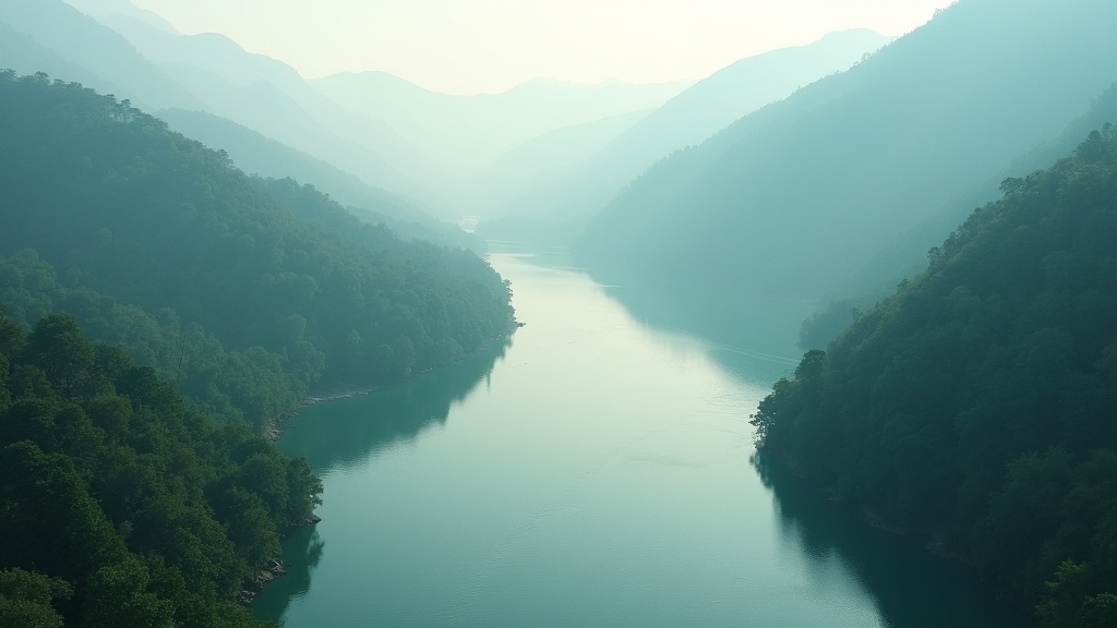 Tranquil river winding through lush green mountains under gentle morning mist