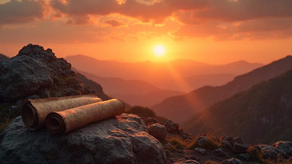 Ancient symbols, natural landscape, and old scrolls with a sunrise backdrop