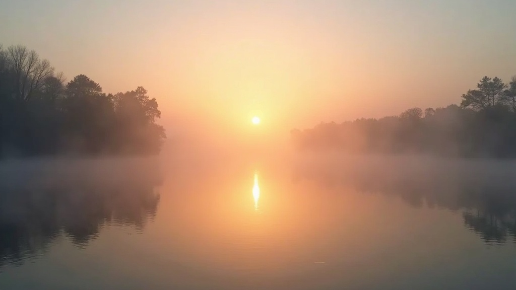 A calm sunrise over a serene pond with a faint mist rising, reflecting a still and peaceful atmosphere—suggesting inner reflection and self-inquiry, no people, just scenery.