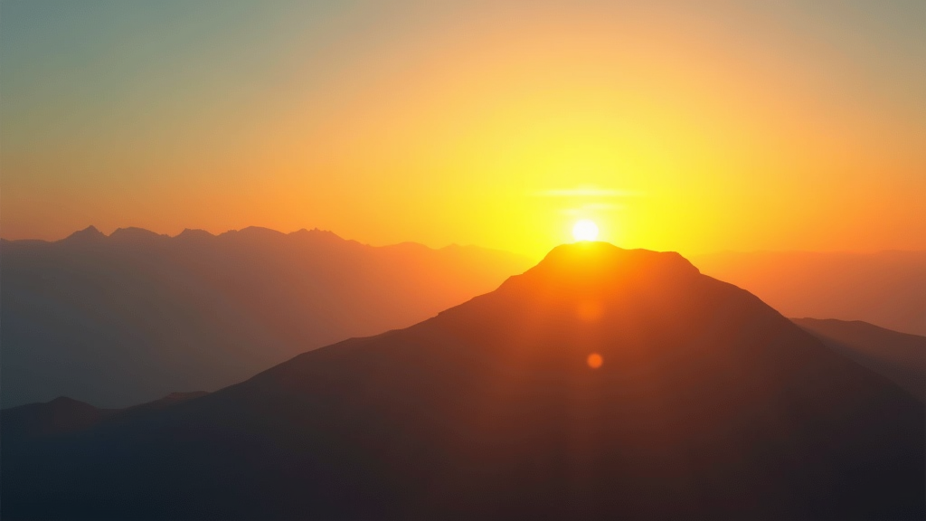 Energetic yellow sunrise over a high mountain, bold and inspiring