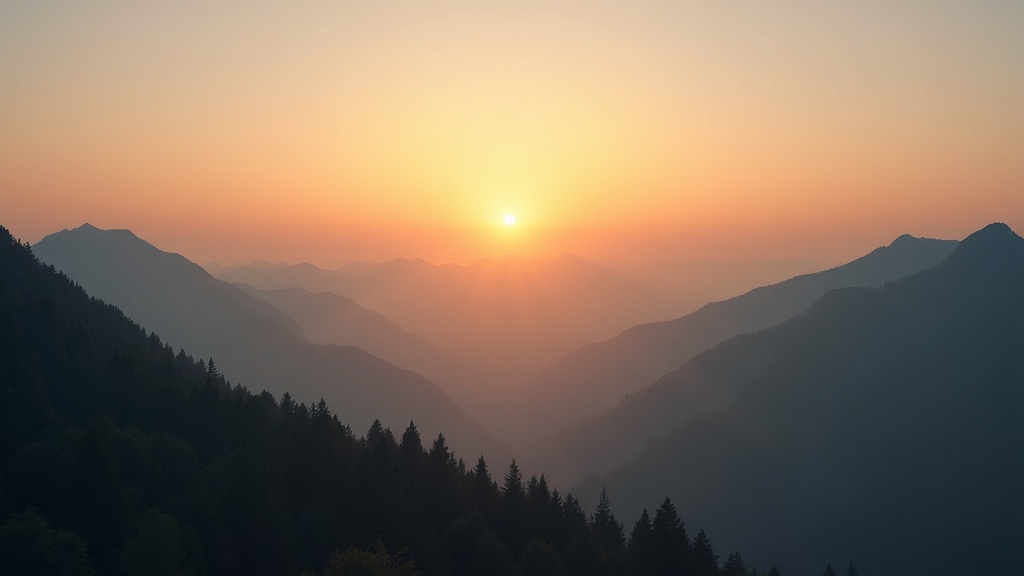 A serene sunrise over misty mountains, representing inner peace and spiritual freedom.