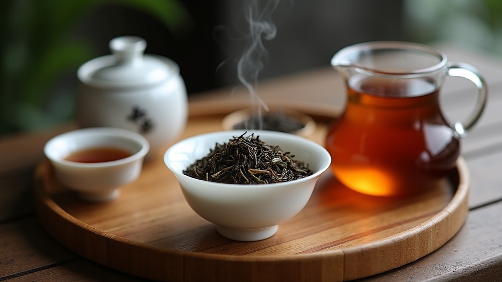 Loose Sheng Pu'er leaves in a white porcelain gaiwan resting on a handcrafted bamboo tray, surrounded by tea accessories and a steaming pitcher of freshly brewed tea.